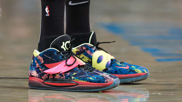 Brooklyn Nets forward Kevin Durant wore the Nike KD 14 against the Charlotte Hornets on March 27, 2022.